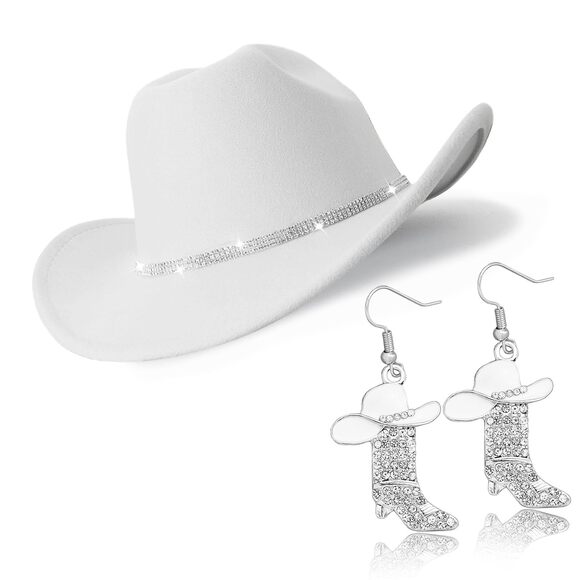 8375 Cowboy Hat Rhinestone Cowgirl Boots Earrings Set Western Felt main image 4